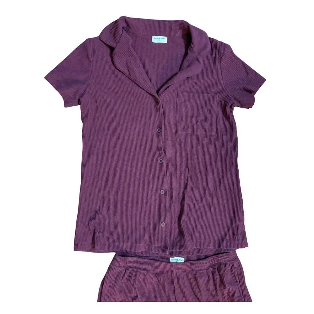 Tommy John Womens Plum‎ Ribbed Pajama Set Short Sleeve Button Top Pants Small